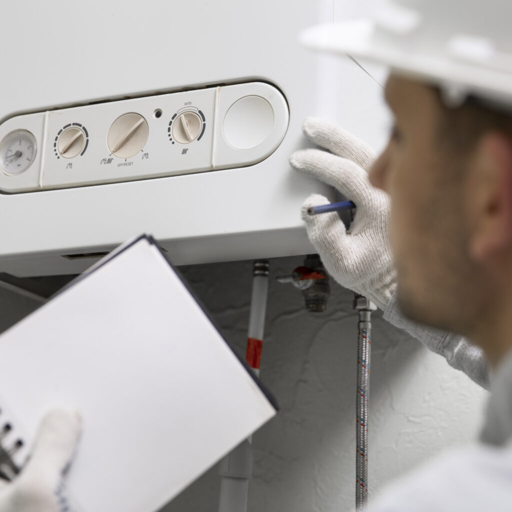 worker repairing water heater