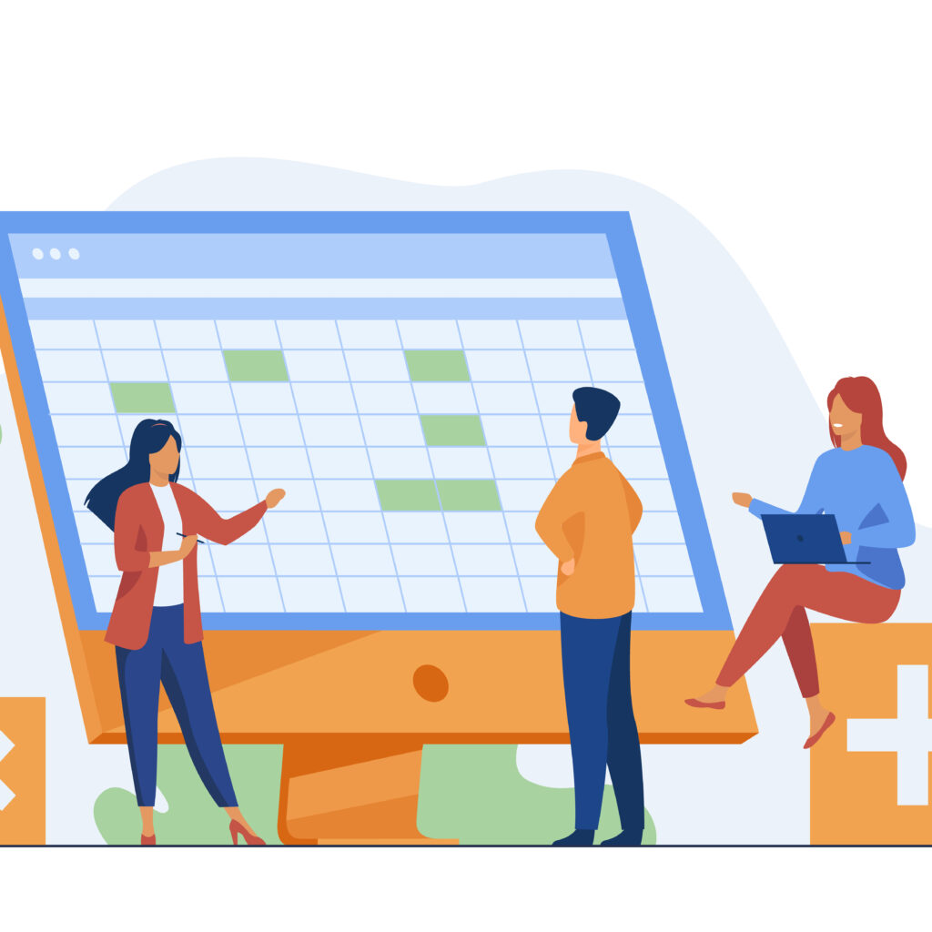 colleagues discussing accounting statistics report using softwar